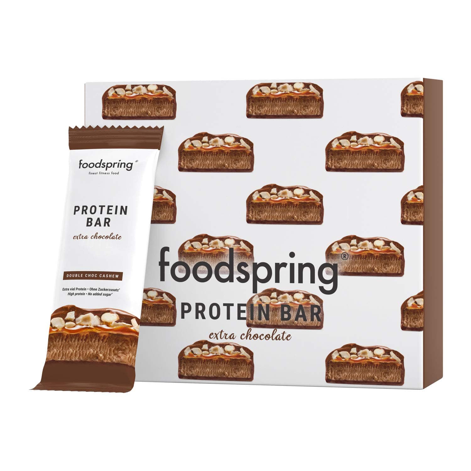 foodspring Protein Bar Extra Chocolate, 12-Pack, Doube Chocolate Cashew, The perfect high-protein snack with real chocolate and less sugar