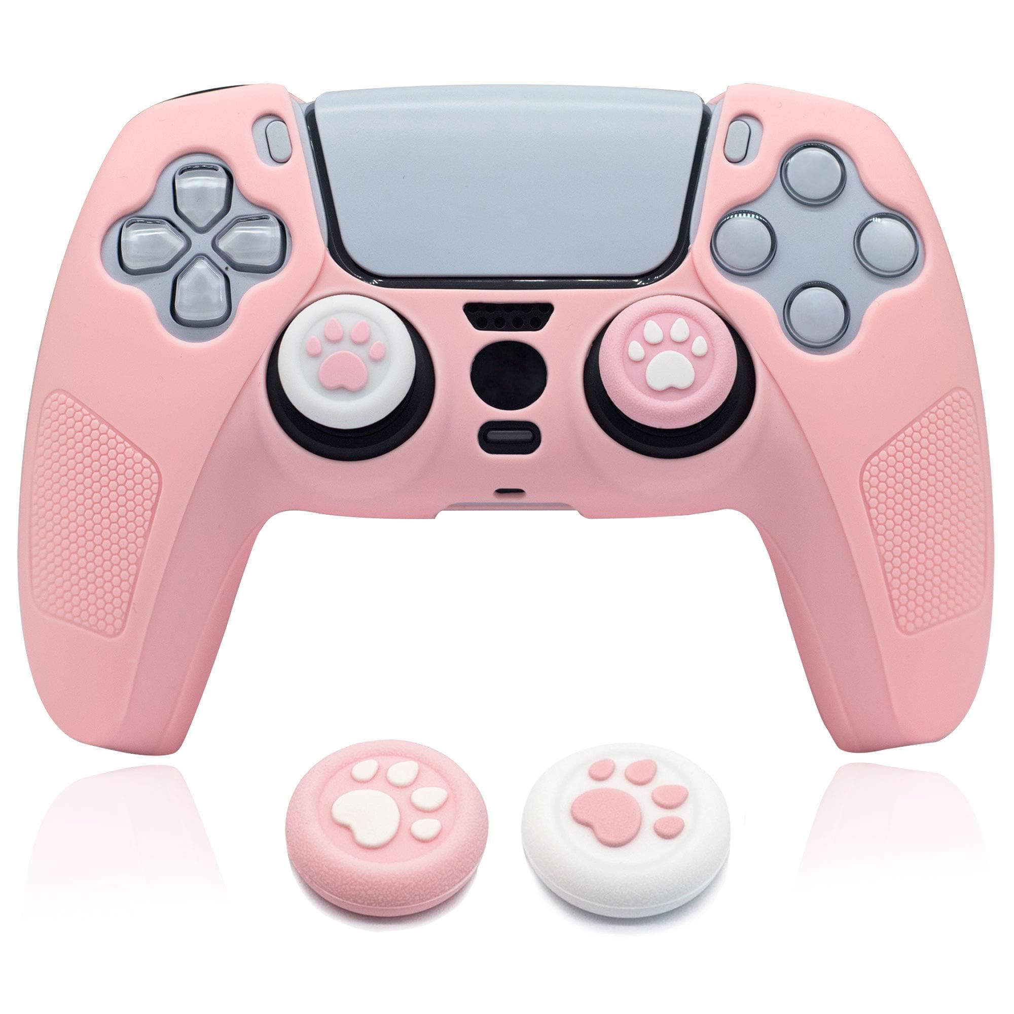 Skin for PS5 Controller Grip Cover Anti-Slip Silicone Protector Rubber Case Cute Kawaii Accessories Set Gamepad Joystick Shell with 2 Thumb Grip Caps (Full Covered, Pink)