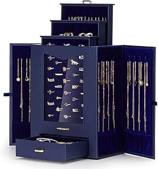 Homde Jewelry Organizer with Transparent Window Necklace Hooks Gift for Women Jewelry Box Display Case for Necklaces Rings Earrings Bracelets and Other Accessories (Dark Blue)