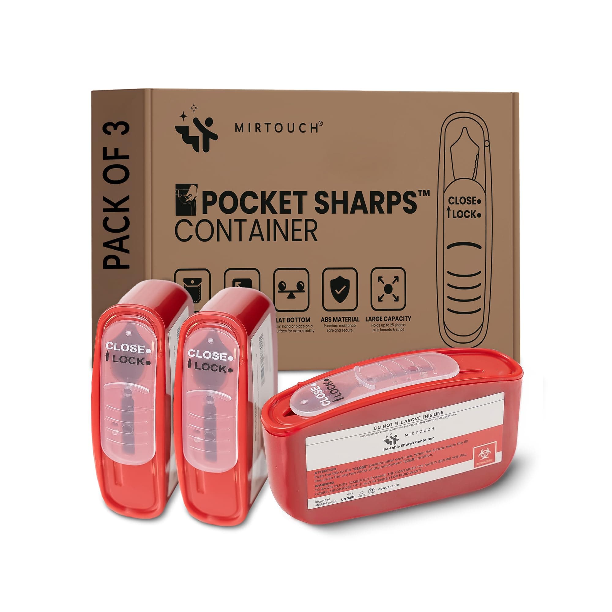 PocketSharps - Pocket-Size Travel Sharps Container for Pen Needles, Lancets, Strips - Premium Quality, Flat Bottom, Translucent Lid, Easy-Use, Portable Eject & Disposal Sharps Container - 3 Pack
