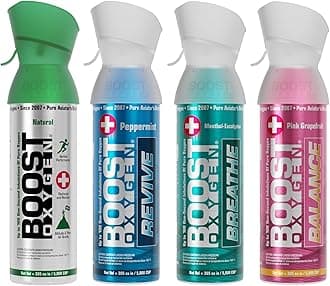 Boost Oxygen Canned Oxygen for Breathing for Home Use, Exercise, or Altitude Sickness, Includes Sealed Cap & Mask, 5L Canister, Multicolor, Pack of 4