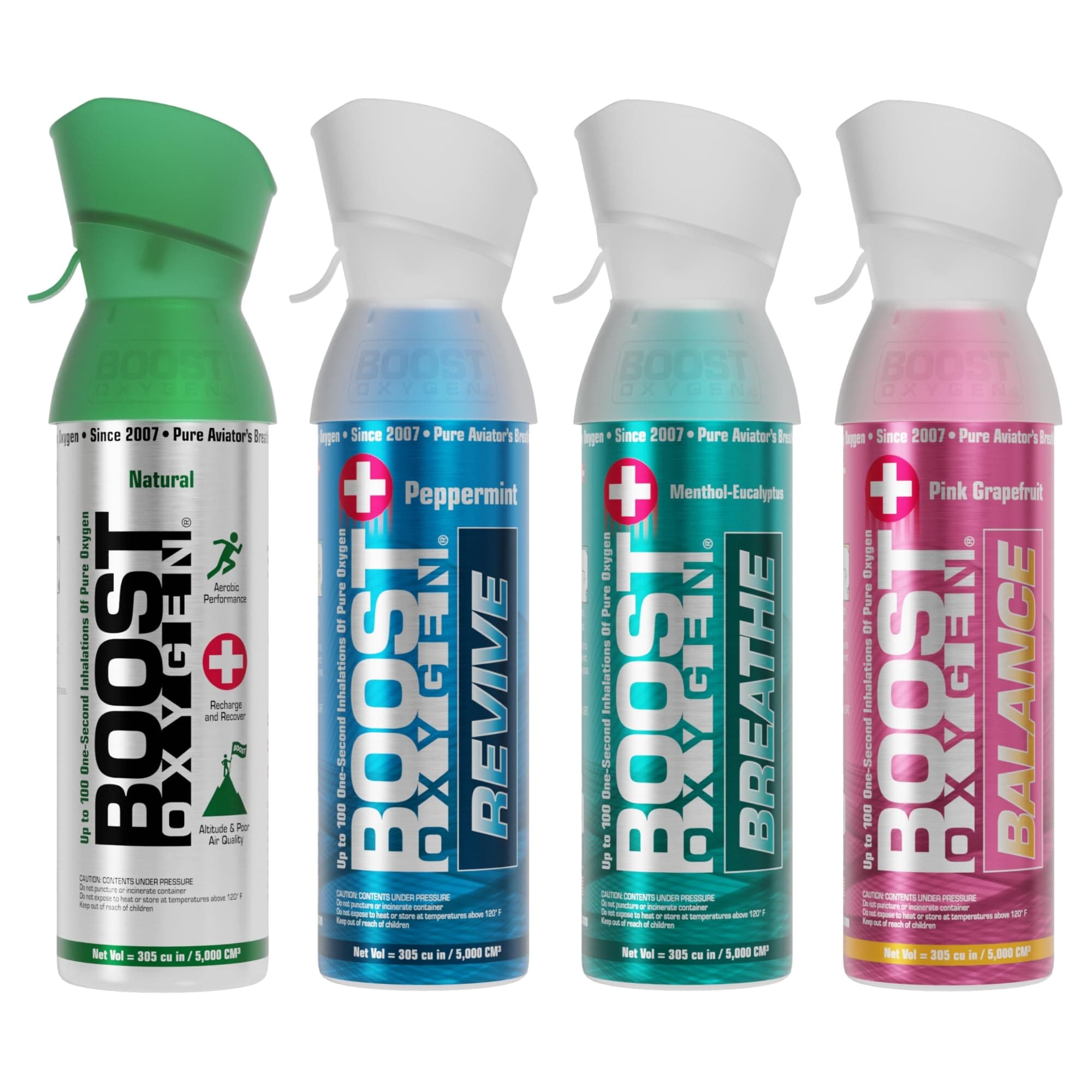 Boost Oxygen Canned Oxygen for Breathing for Home Use, Exercise, or Altitude Sickness, Includes Sealed Cap & Mask, 5L Canister, Multicolor, Pack of 4