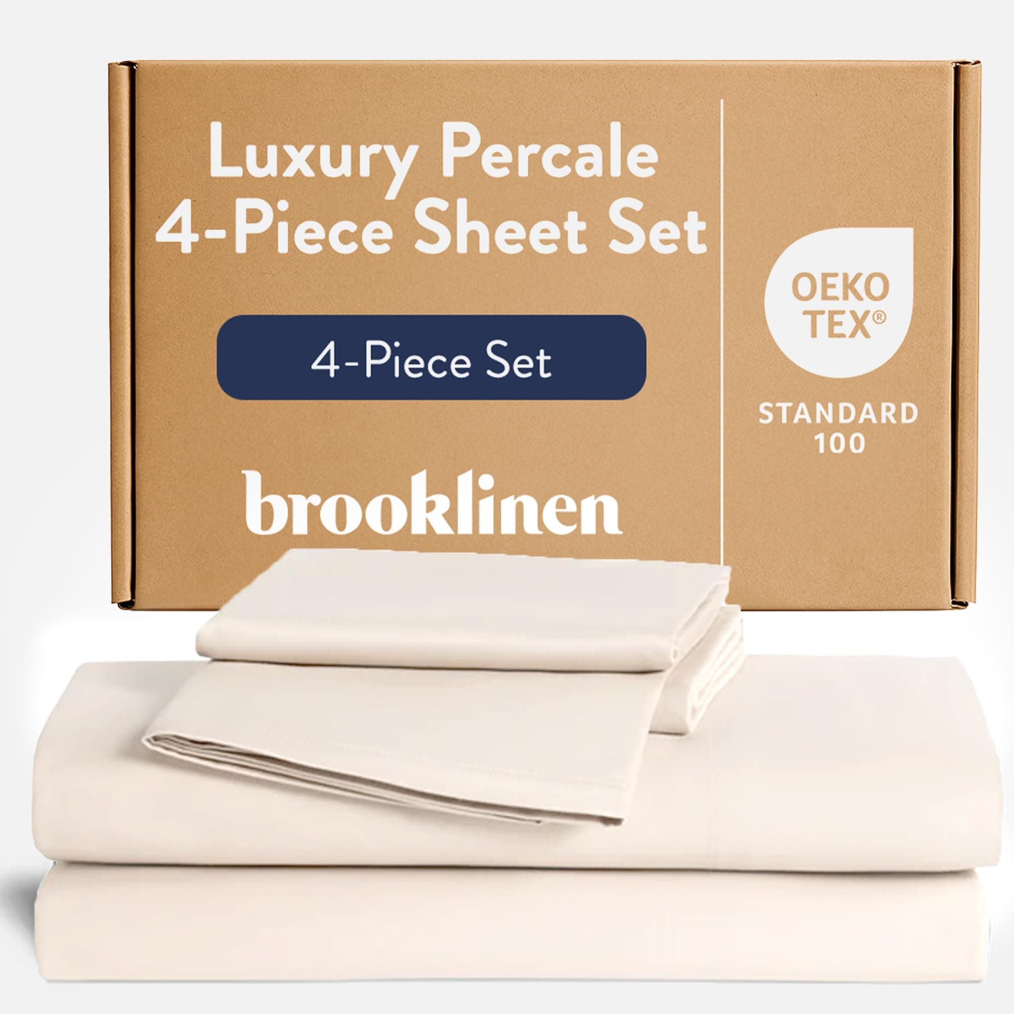 Luxury Percale Sheet Set - 4 Piece 100% Cotton Bed Sheets - 1 Fitted & 1 Flat Sheet, 2 Pillowcases - Cotton Percale Sheets for Hot Sleepers (King Size, Cream)