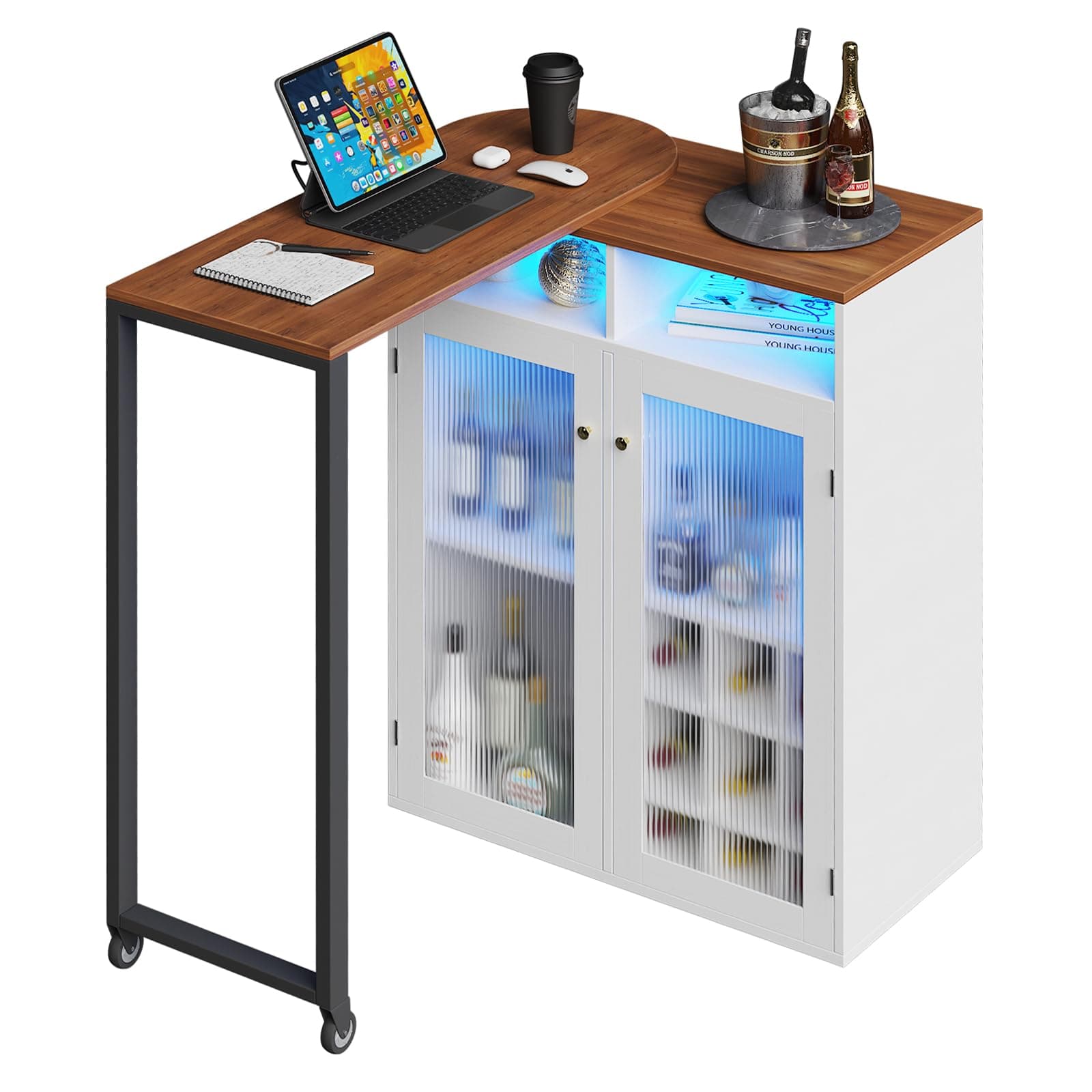 Home Bar Unit with Charging Station & Lights & Storage Mini Corner Bar Table with Wine Rack & Glass Holder 360° Rotating Tall Liquor Table for Living Room Apartment Office, White