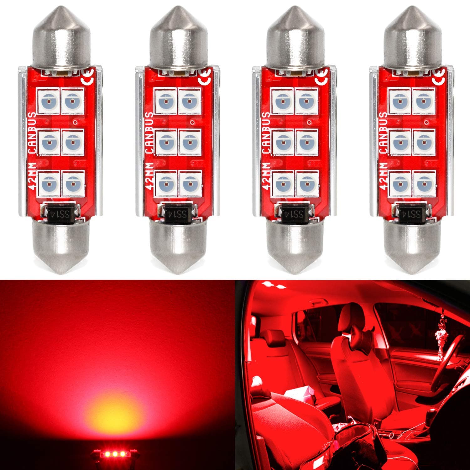 PHINLION 578 LED Light Bulbs, Super Bright 3030 6-SMD Festoon 41mm 42mm 211-2 212-2 LED Bulbs for Car Interior Map Dome Trunk Courtesy Lights, Red (4 Pack)