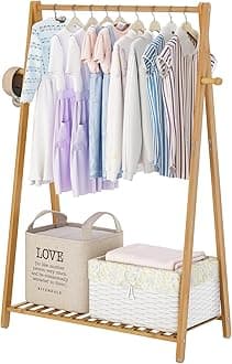 Small Clothes Hanging Racks,Bamboo Wood Kids Clothing Garment Racks for Cloths,Free Standing Dress Costume Rack for Bedroom,Living Room, Commercial,Small Space