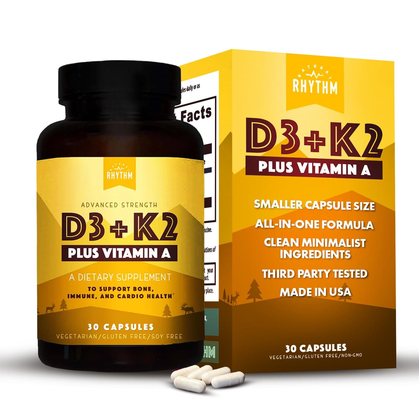 Natural Rhythm Vitamin D3 + K2 (MK7) Plus Vitamin A, For Bone, Heart, & Immune Health, 30 Capsules