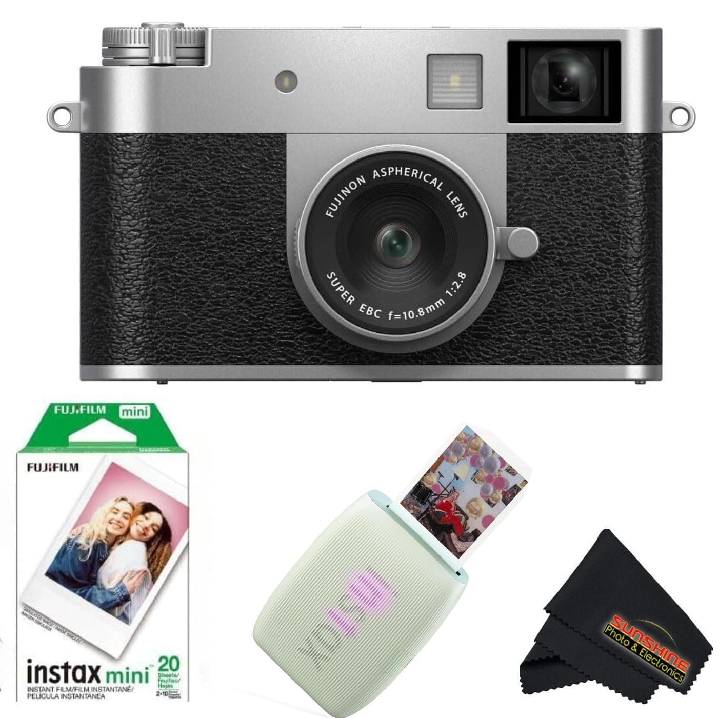 FUJIFILM X Half Digital Camera with Fujifilm Instax Mini Link 3 Smartphone Printer and Sunshine Microfiber Cleaning Cloth... (Silver, Sage Green Printer + 20 Sheets)