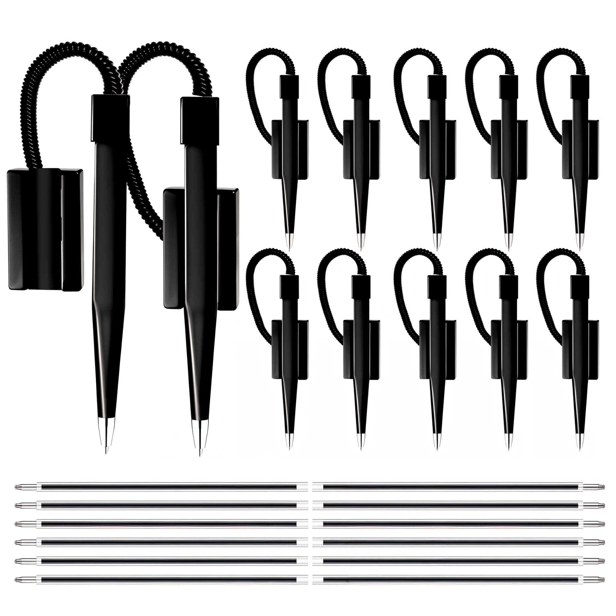 Performore 12 Pack of 5 inch Secure Counter Pens, Black with Plastic Secure Cord Attached To Adhesive Back Base Pen Holder, Reception Pen Includes 12 Refills for Home Workplace School Office