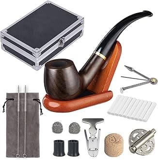 Joyoldelf Smoking Pipe, Wooden Tobacco Pipe with Elegant Gift Case Packaging, Handmade Pipe Tobacco with Wind Cap Cover, Cleaning Brush, 9mm Pipe Filter, Tobacco Pipe Stand and Smoking Accessories