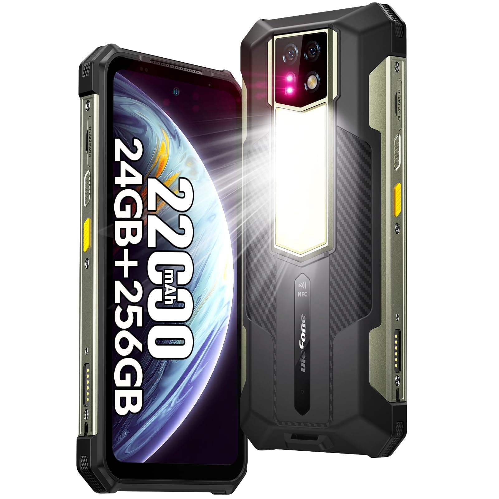 Armor 24 22000mAh Mega Battery Unlocked Rugged Phone, Camping Light, 24GB RAM +256GB ROM, 6.78" FHD+120Hz Screen, 64MP Main Camera + 64MP Night Vision Camera, Android 14 Rugged Smartphone NFC