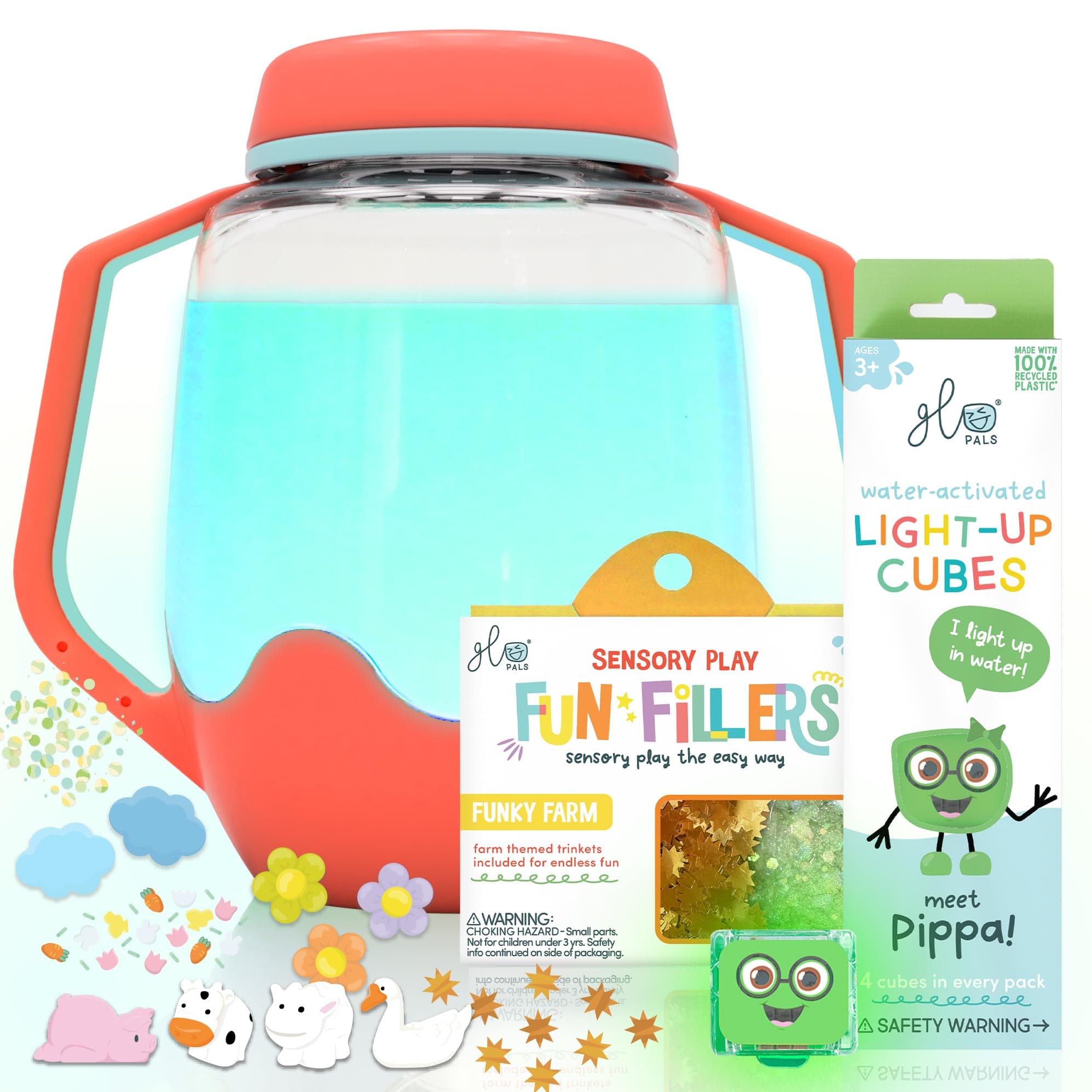 Glo Pals Play Pack Bundle with Sensory Play Jar, Water-Activated Light-Up Cubes, and Fun Fillers - Sensory Toys for Toddlers - Sensory Toy Kit with Light Up Cubes for Bathtub - Barnyard Blast