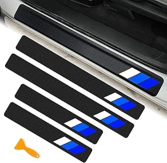 4Pcs Tricolor Door Sill Protectors for Toyota Tacoma TRD 4Runner Tundra Rav4 Highlander Sequoia Accessories, Carbon Fiber Retro Stripe Front/Rear Door Edge Guard Stickers(White/Blue/Dark Blue)