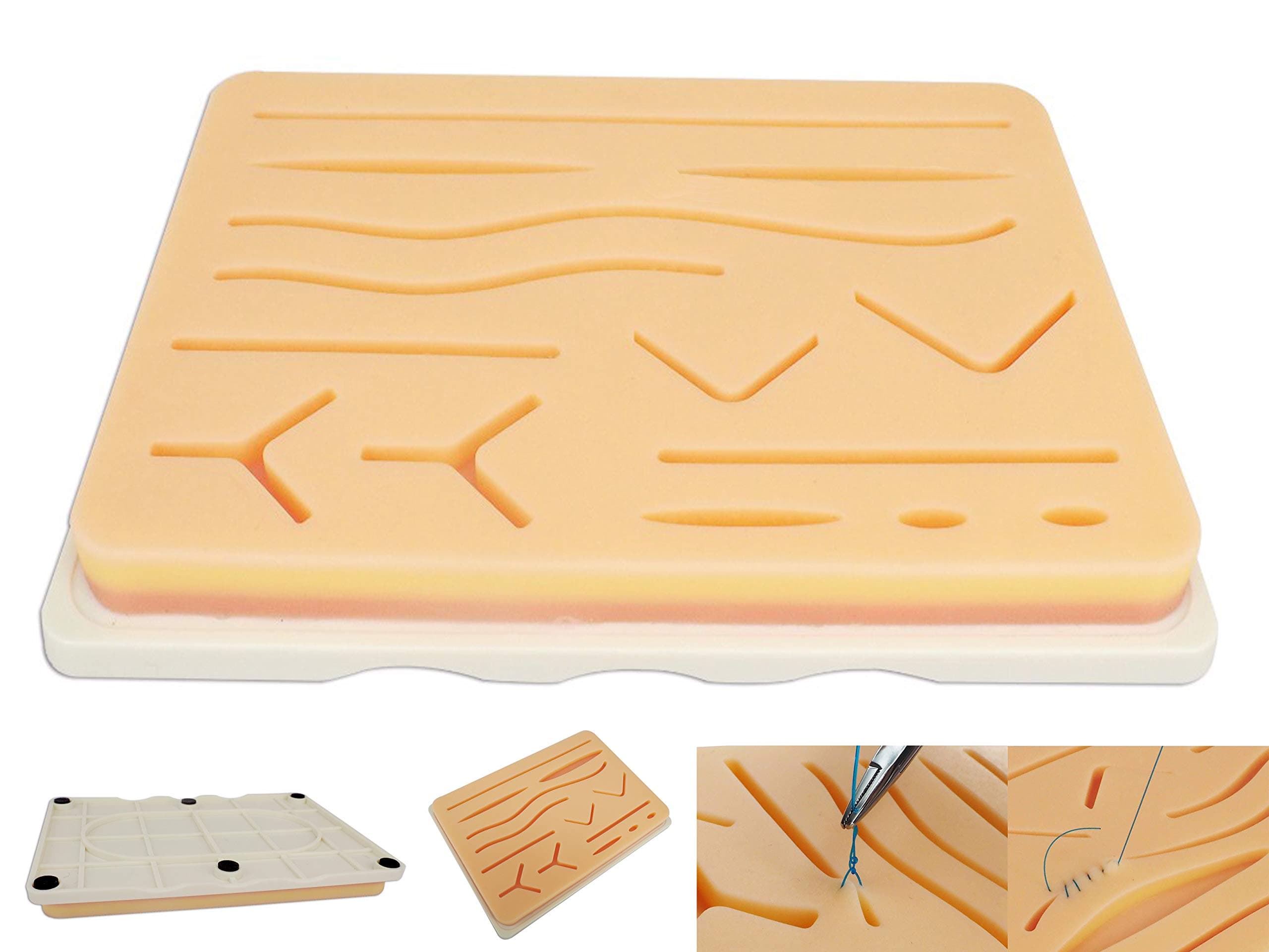 Large 3 Layer Suture Practice Pad Skin with 14 Wounds on Acrylic Base for Added Strength - New Skin Structure | Includes Layer of mesh for Added Strength | Will Not Easily Rip or Tear Doctors Nurses