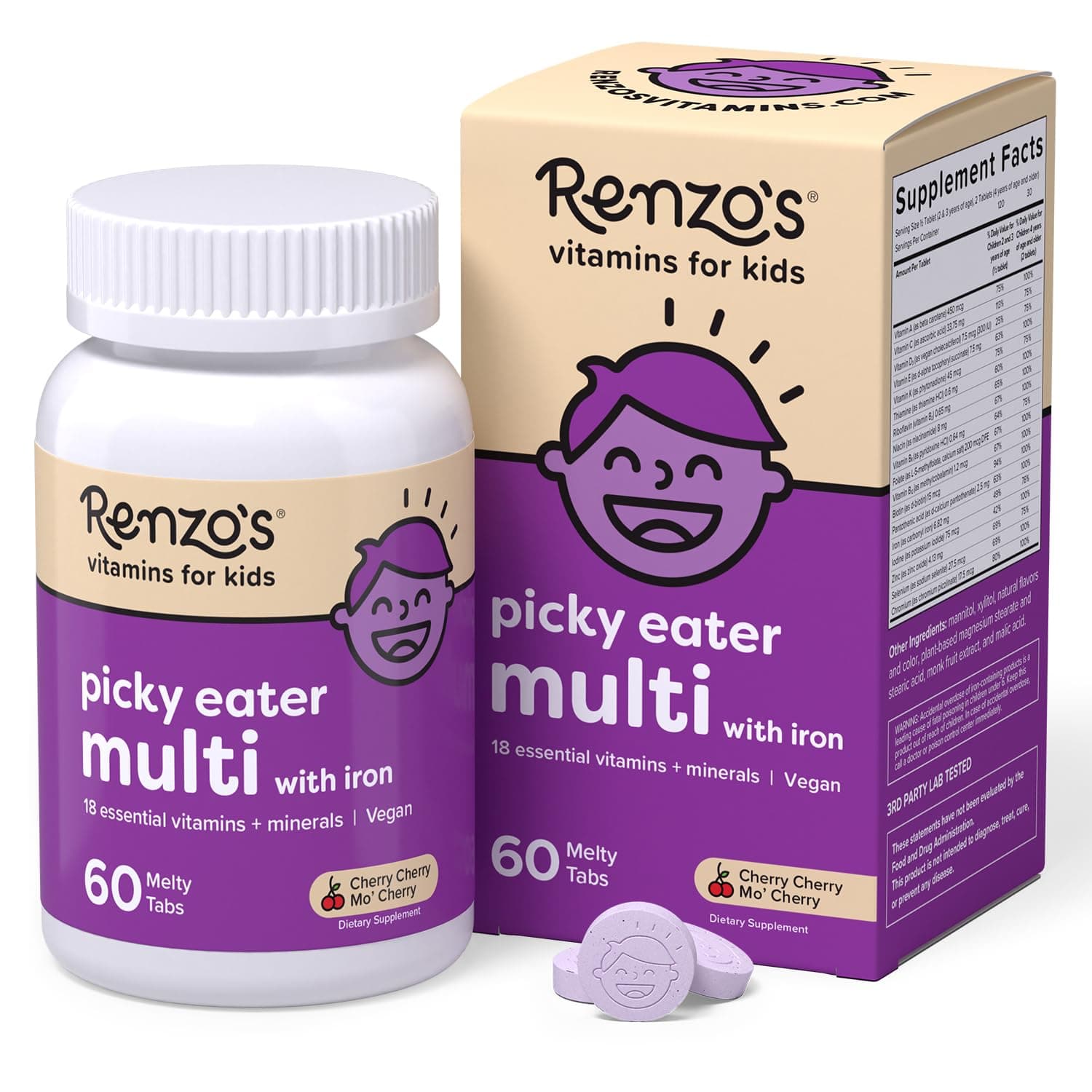 Renzo'S Picky Eater Multi, Vegan Dissolvable Vitamins For Kids, Zero Sugar, Cherry Mo' Flavour, 60 Melty Tabs