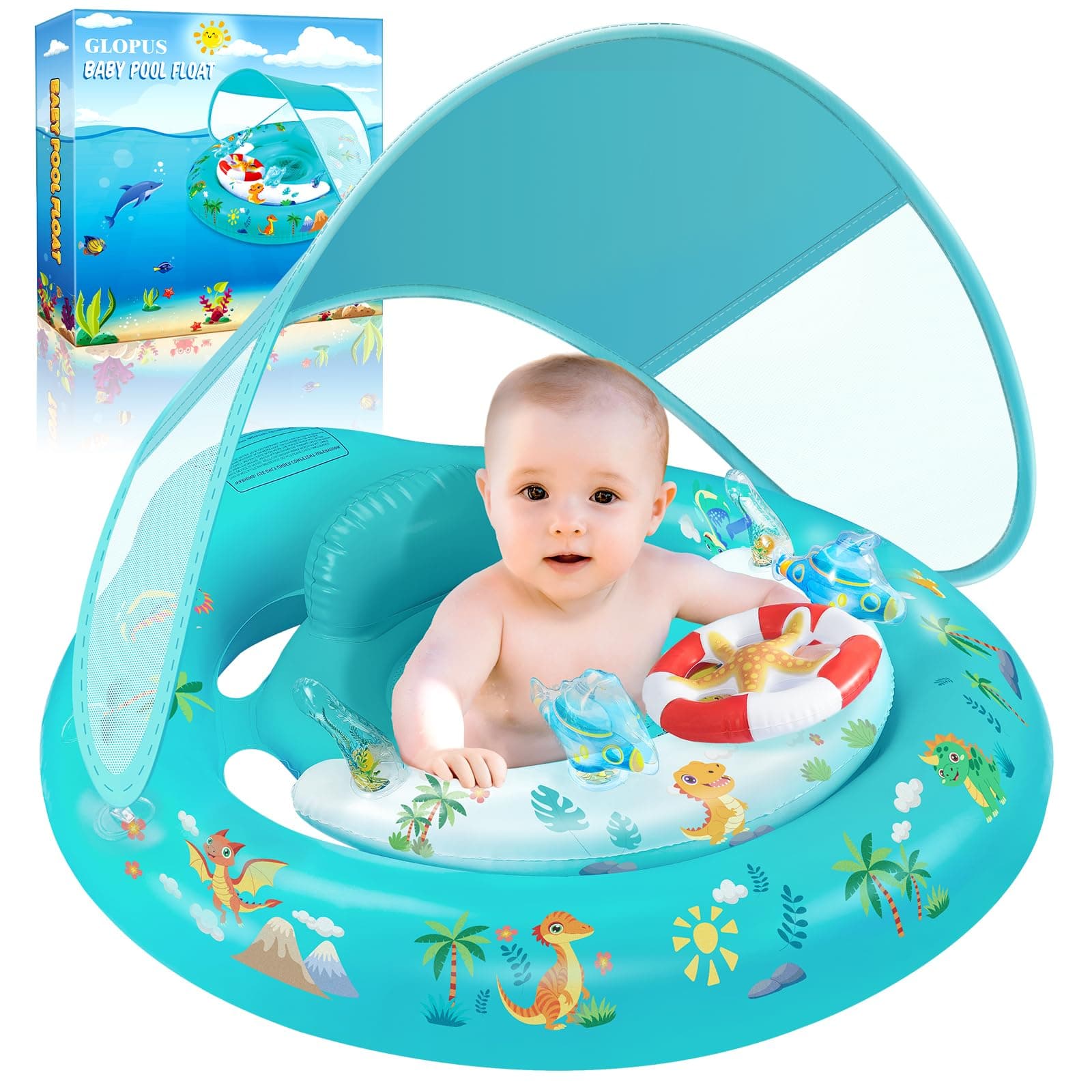 Baby Pool Float with Canopy UPF50+ Sun Protection, Inflatable Kids Pool Floats with Toy Play Console for Baby 6-36 Months, Infant Swimming Float with Adjustable Safety Seat for Boys Girls