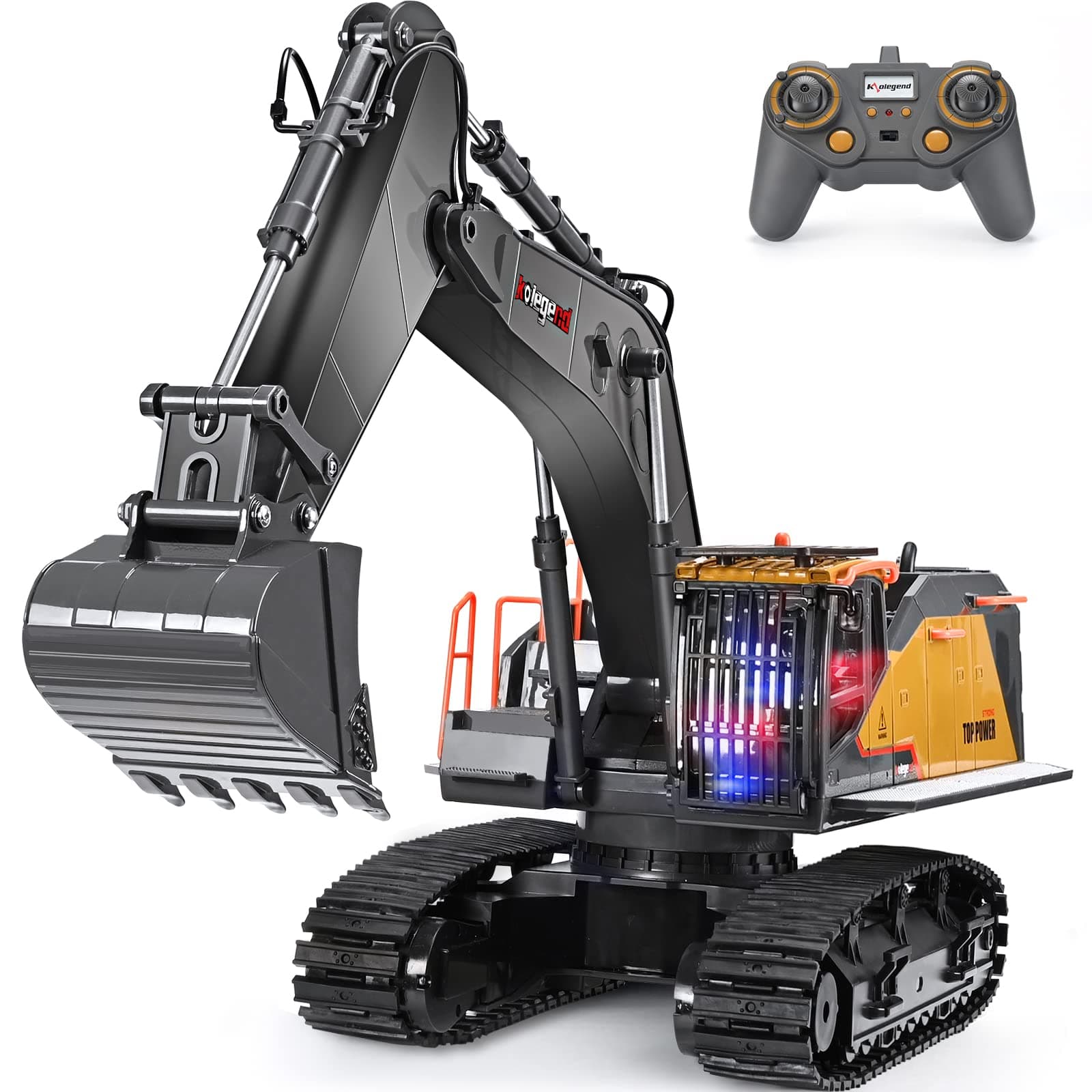 kolegend Remote Control Excavator Toy 1/14 Scale RC Excavator, 22 Channel Upgrade Full Functional Construction Vehicles Rechargeable RC Truck with Metal Shovel and Lights Sounds (1592-black)