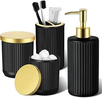 Matte Black and Gold Bathroom Accessories Set, 4 Pack Glass Bath Accessory Sets Complete, Ribbed Soap Dispenser and Toothbrush Holder Set with 2 Qtip Holders, Modern Gold Bathroom Decor