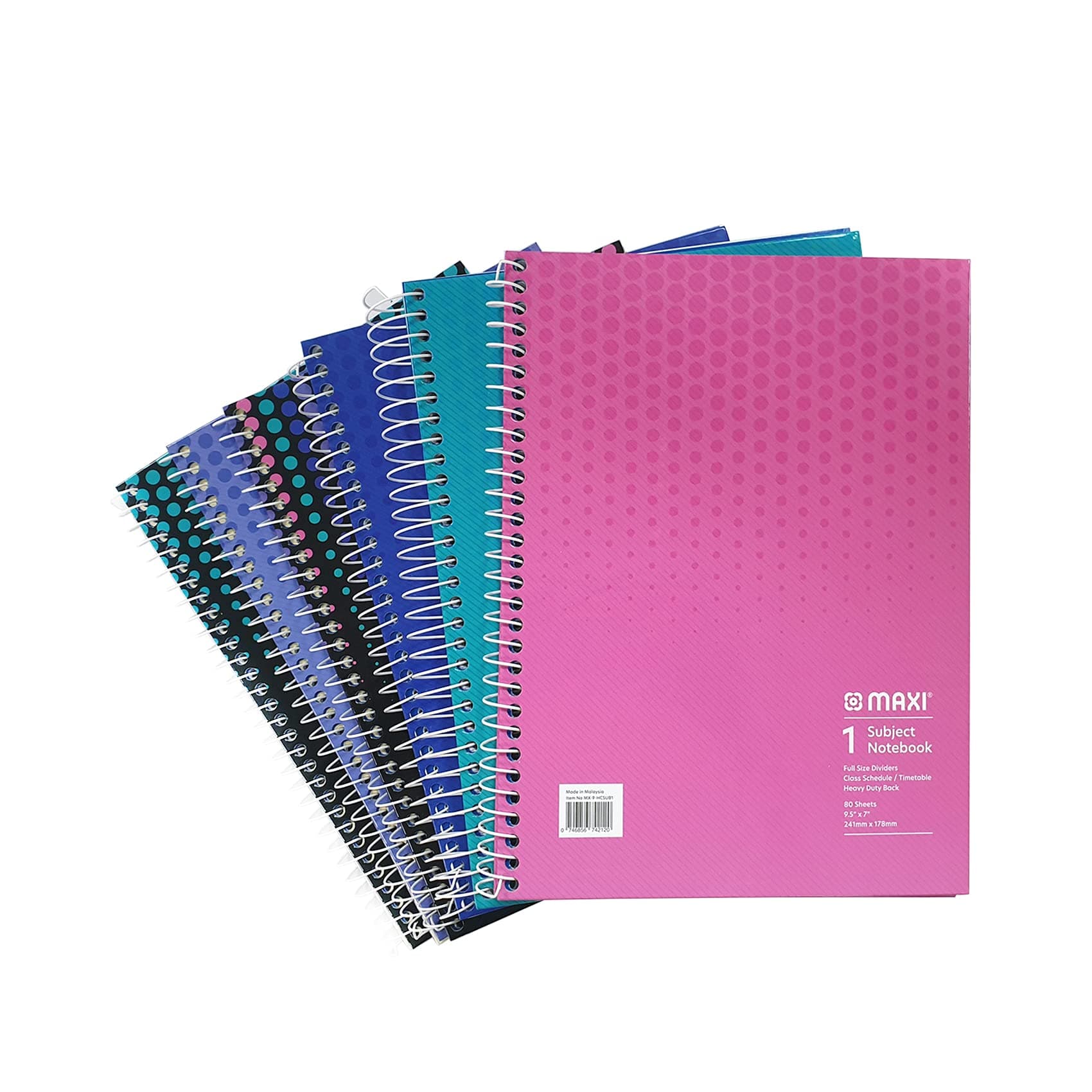 Maxi Spiral Hard Cover 1 Subject Notebook 9.5 Inches X 7 80 Sheets, Assorted, 9 Hcsub1