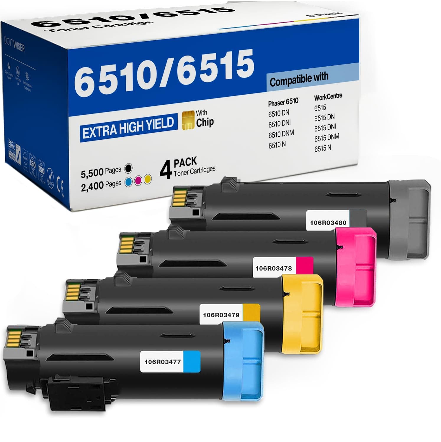 Do it Wiser Compatible Toner Cartridge Replacement for Xerox Phaser 6510, 6510dni, 6510dn, 6510n WorkCentre 6515, 6515dni, 6515dn, 6515n Printers - High Yield (Black, Cyan, Magenta, Yellow, 4-Pack)