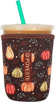 Reusable Neoprene Insulator Sleeve for Iced Coffee & Cold Soda, Coffee Sleeves for Iced & Hot Drinks, Cold Beverage Cooler Compatible with Starbucks, Dunkin (Harvest Pumpkin, Small: 16-18oz)