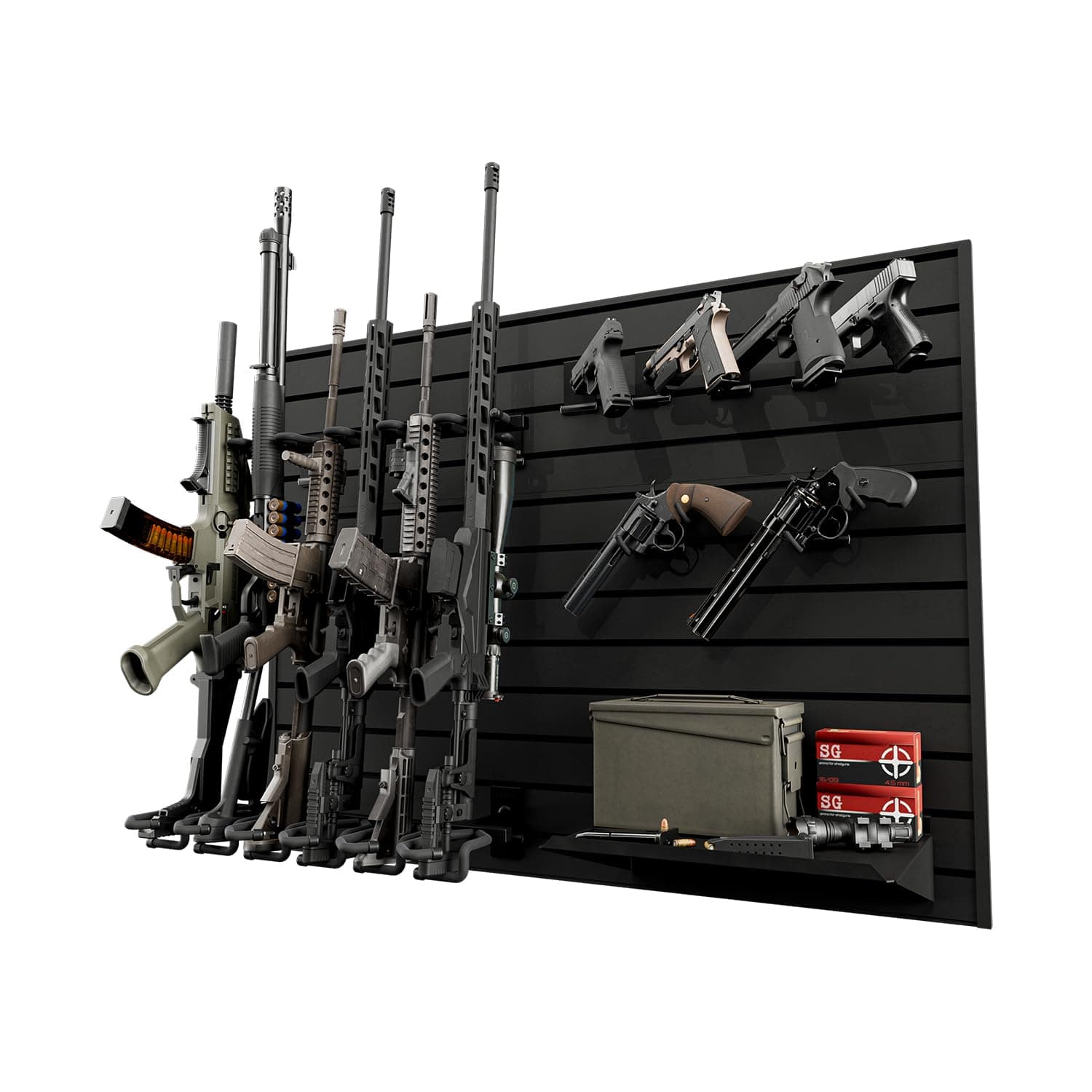 Hold Up Displays Gun Wall Mount Display, Modular Tactical Wall for 6 Pistols and 6 Rifles, Police Gear Rack and Equipment Organizer, Heavy-Duty Aluminum Slatwall Gun Storage System