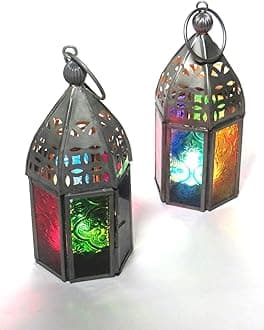 Purity Set of 2 Moroccan Style Mini Lantern Tealight holders with multi-coloured glass