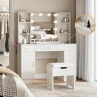 Vabches Makeup Vanity Table with Lighted Mirror & Power Strip, Large Vanity Set Vanity Desk with Storage Stool, 3 Lighting Modes, Brightness Adjustable, 45.2in(L)