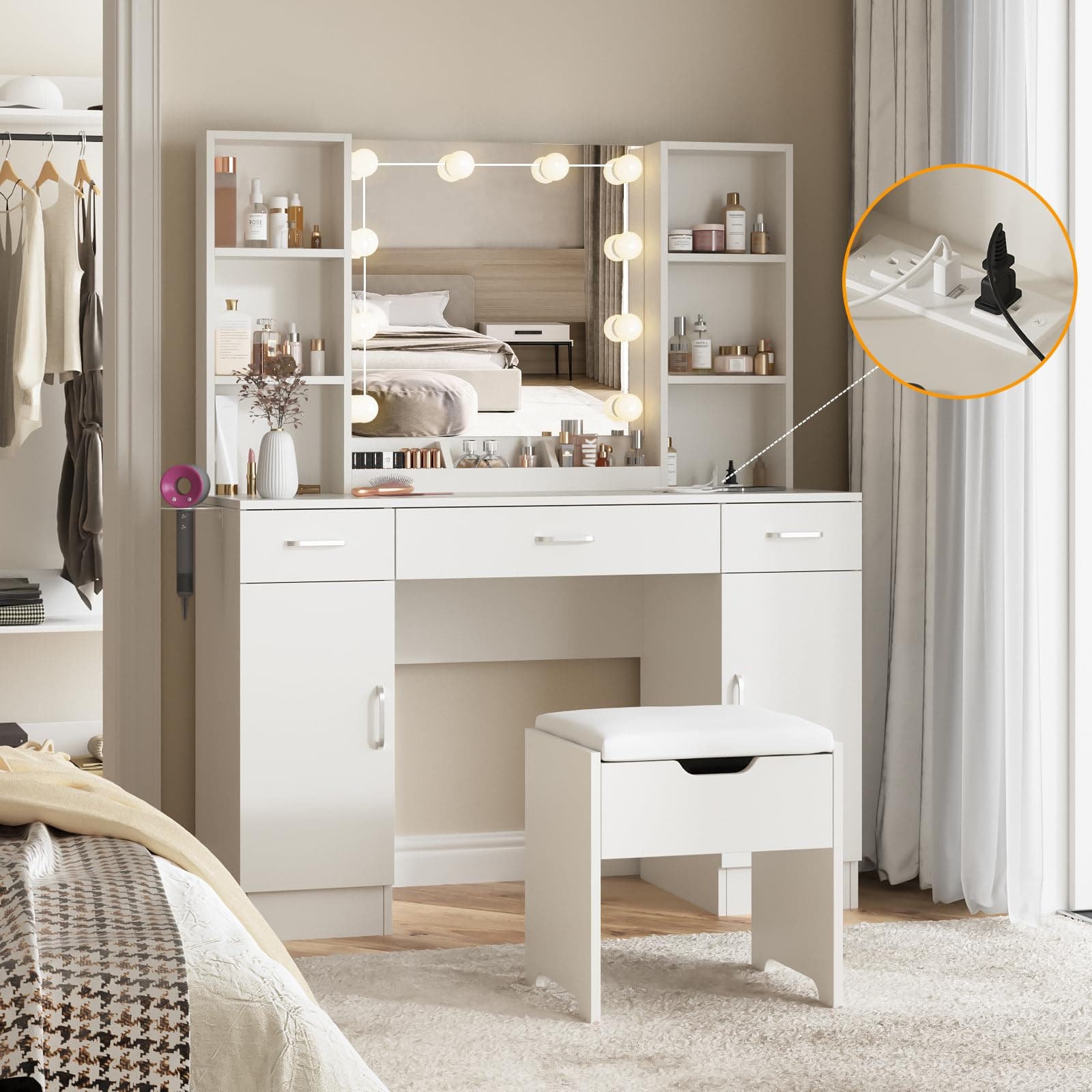 Vabches Makeup Vanity Table with Lighted Mirror & Power Strip, Large Vanity Set Vanity Desk with Storage Stool, 3 Lighting Modes, Brightness Adjustable, 45.2in(L)