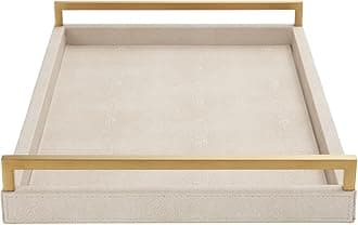 WV Ivory Shagreen Leather Serving Tray with Gold Handles-17.7x11.8 Inch Large Wooden Decorative Ottoman Tray fro Coffee Table, Kitchen, Dining, and Home Decor (Ivory)