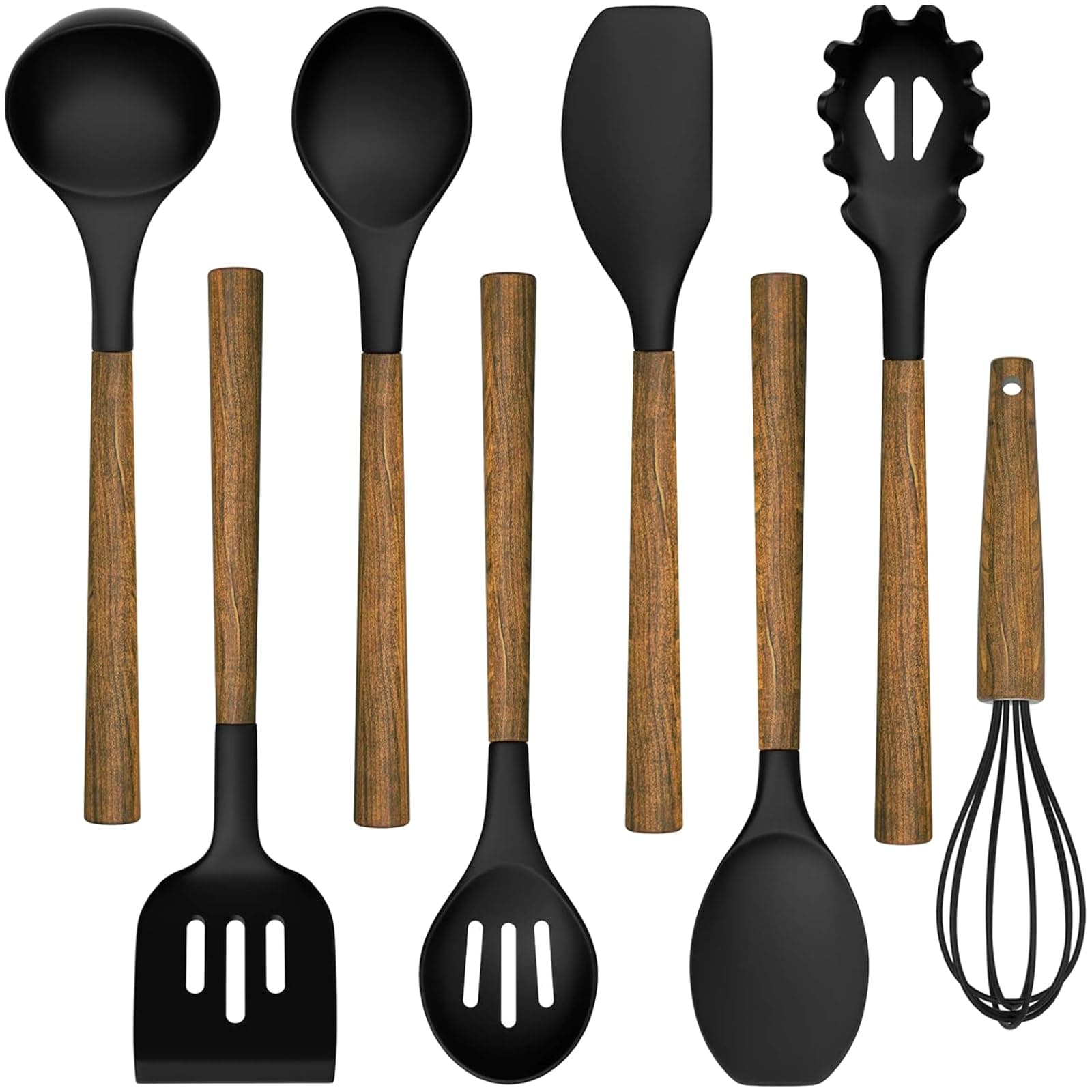 Umite Chef Silicone Cooking Utensil Set, 8-Piece Kitchen Set with Natural Acacia Wooden Handles,Food-Grade Silicone Heads-Silicone Kitchen Gadgets Spatulas Set for Nonstick Cookware- Black