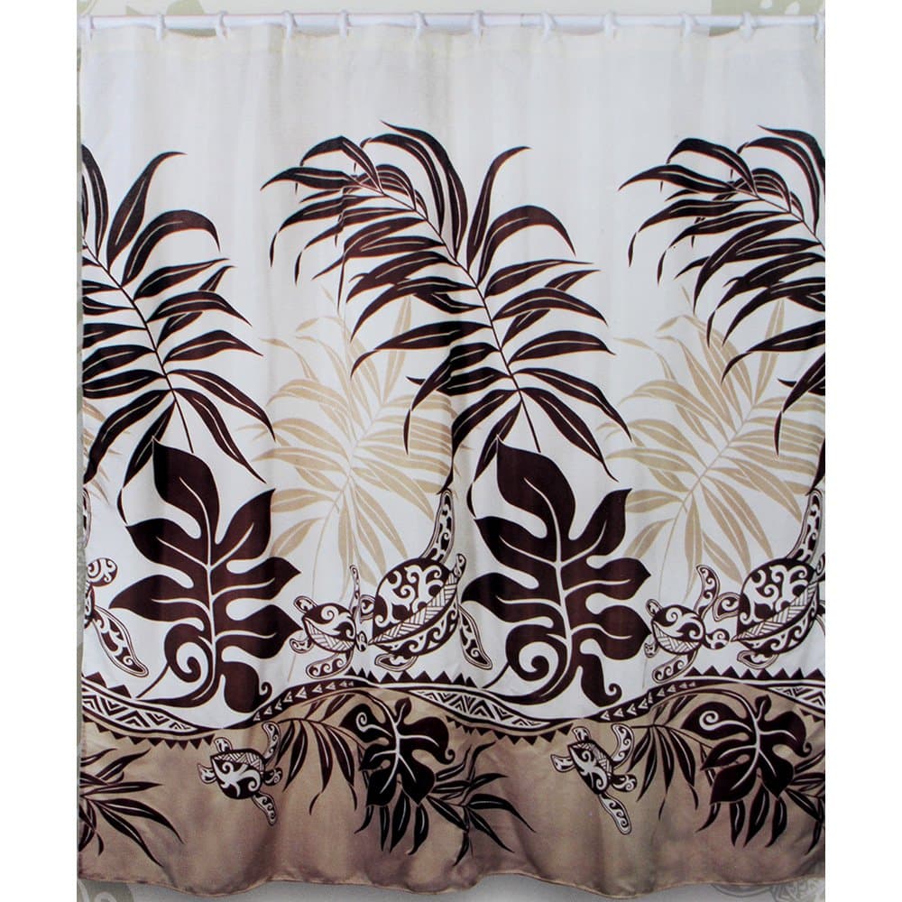 Hawaii Theme 100% Polyester Fabric Shower Curtain Maroon Brown Color Turtle and Monstera Leaf