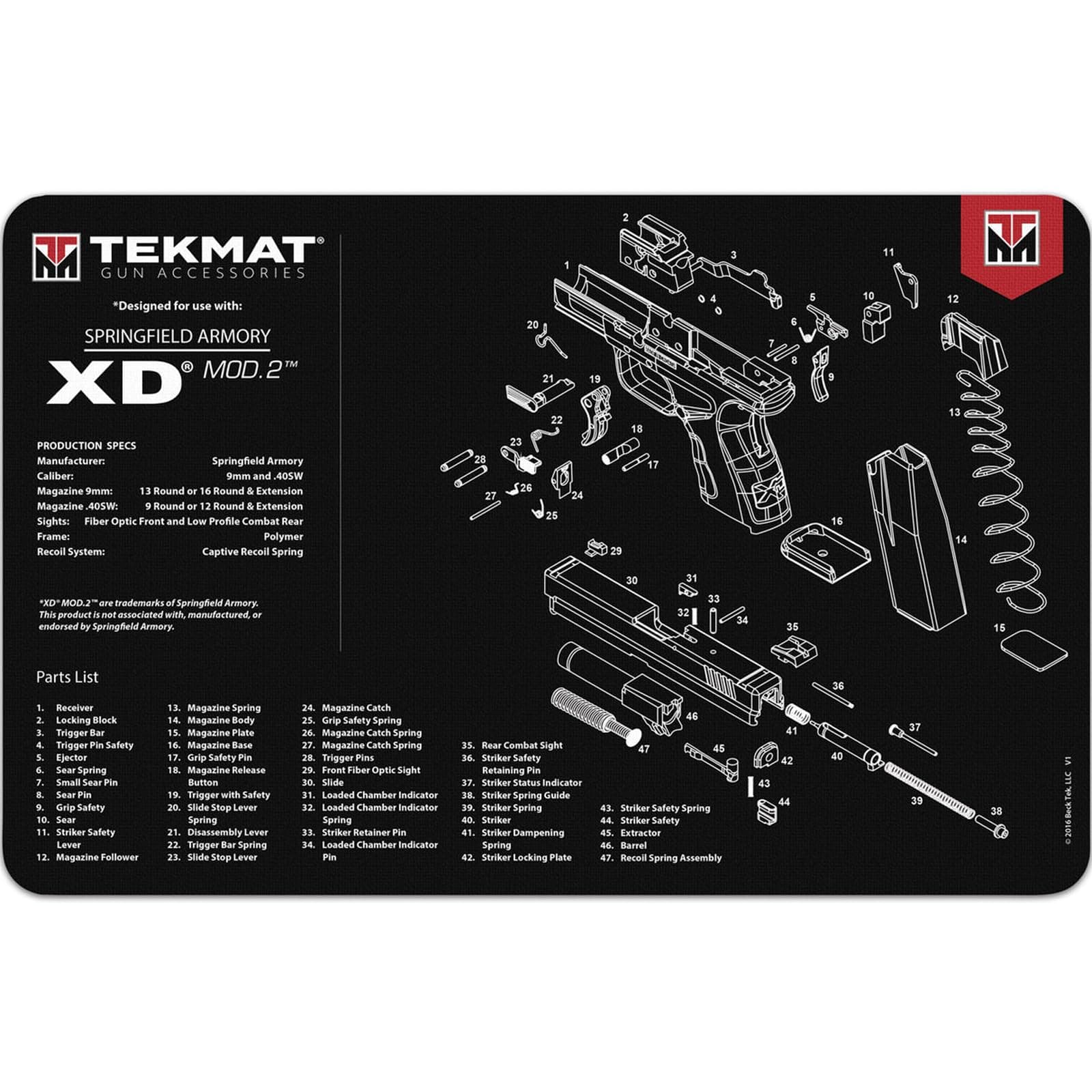 TekMat Original 11" x 17" - 1/8" Thick Oil Resistant Non-Slip Waterproof Scratchproof Washable Handgun Maintenance & Cleaning Mat for use with Springfield Armory