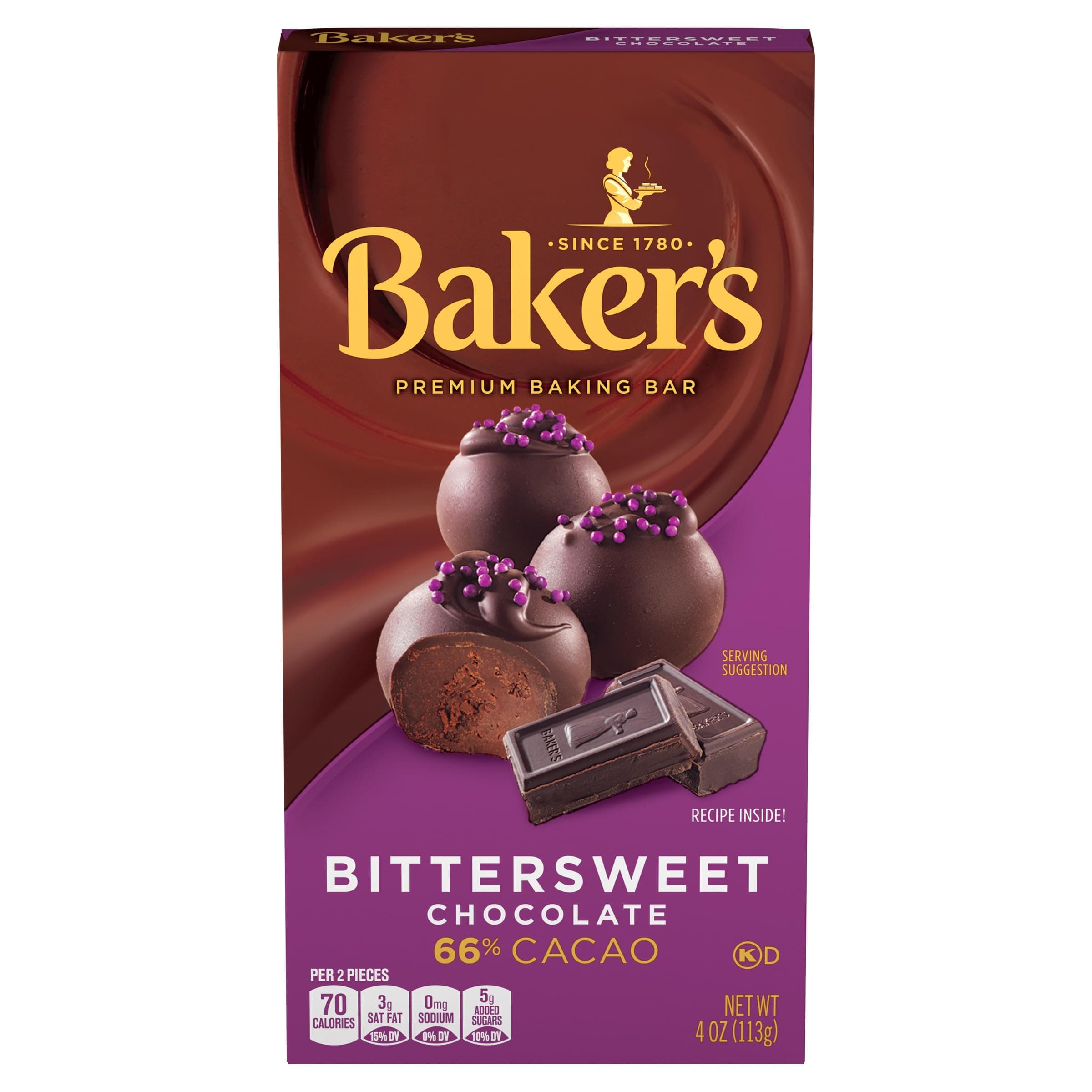 Baker's Bittersweet Chocolate Premium Baking Bar with 66% Cacao, 4 oz Box