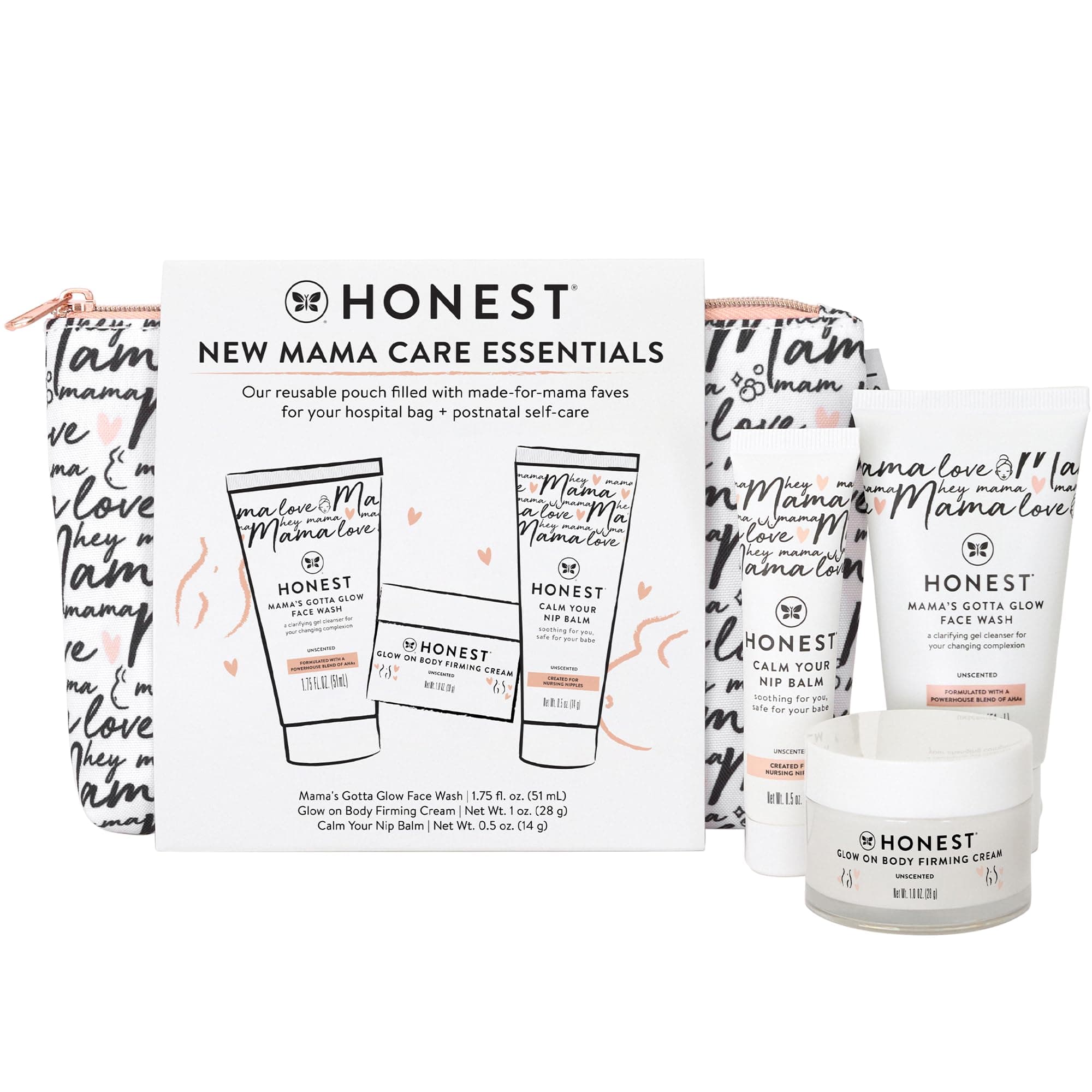 The Honest Company New Mama Care Essentials Gift Set, Hospital Bag Must Haves, Travel Size Nip Balm (0.5 oz) Glow On Body Cream (1 Gotta Face Wash (1.75 fl) with Reusable Pouch