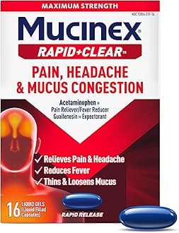 Rapid+Clear Maximum Strength Cold Medicine & Expectorant, Fever, Pain, Headache, & Excess Mucus Relief with Acetaminophen & Guaifenesin, Rapid Release Liquid Gels for Adults, 16 Count
