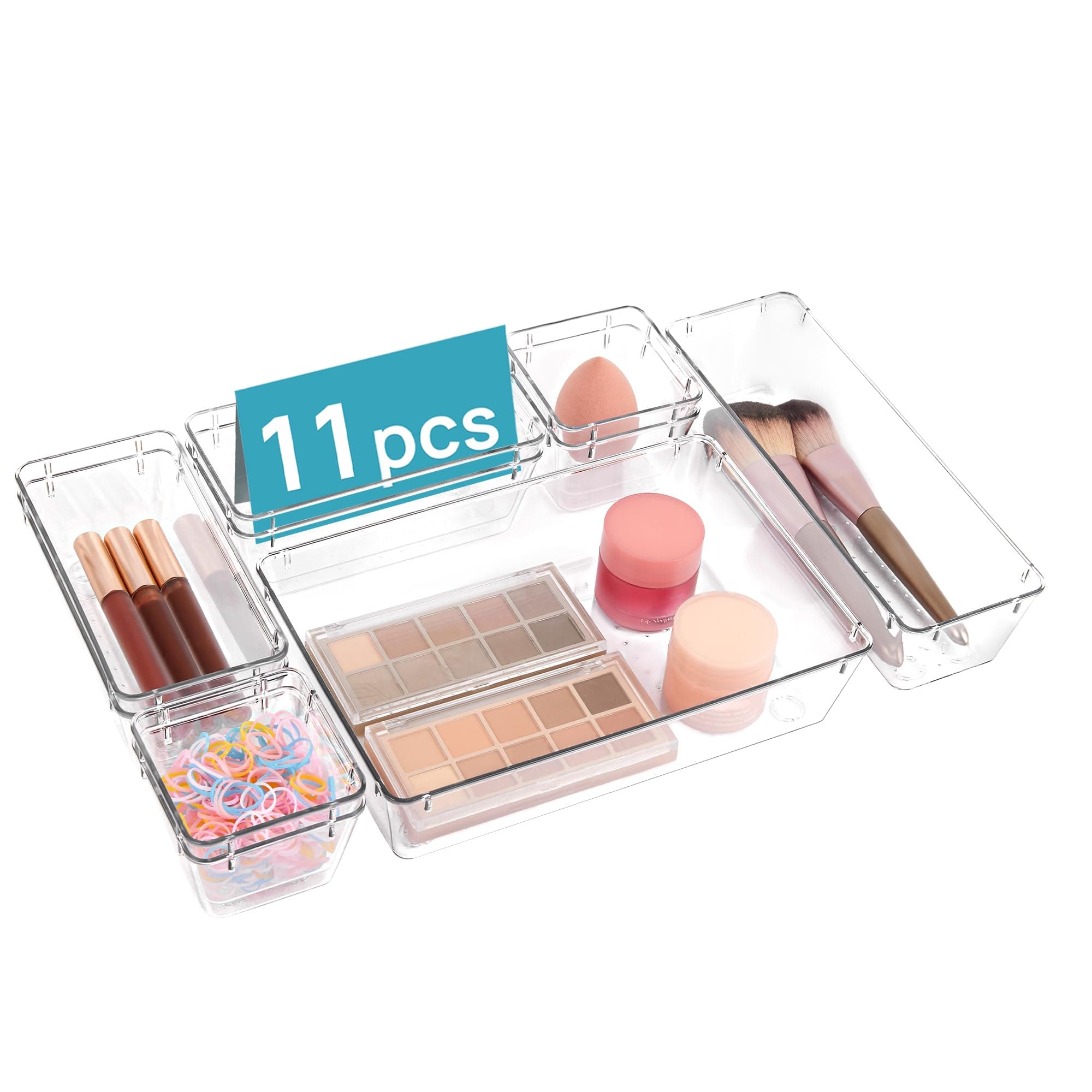 Vtopmart 11 Pack Kitchen Drawer Organisers Set, 4-Size Versatile Bathroom and Vanity Drawer Organizer Trays, Clear Plastic Storage Bins for Makeup, Bedroom, Kitchen Gadgets Utensils and Office