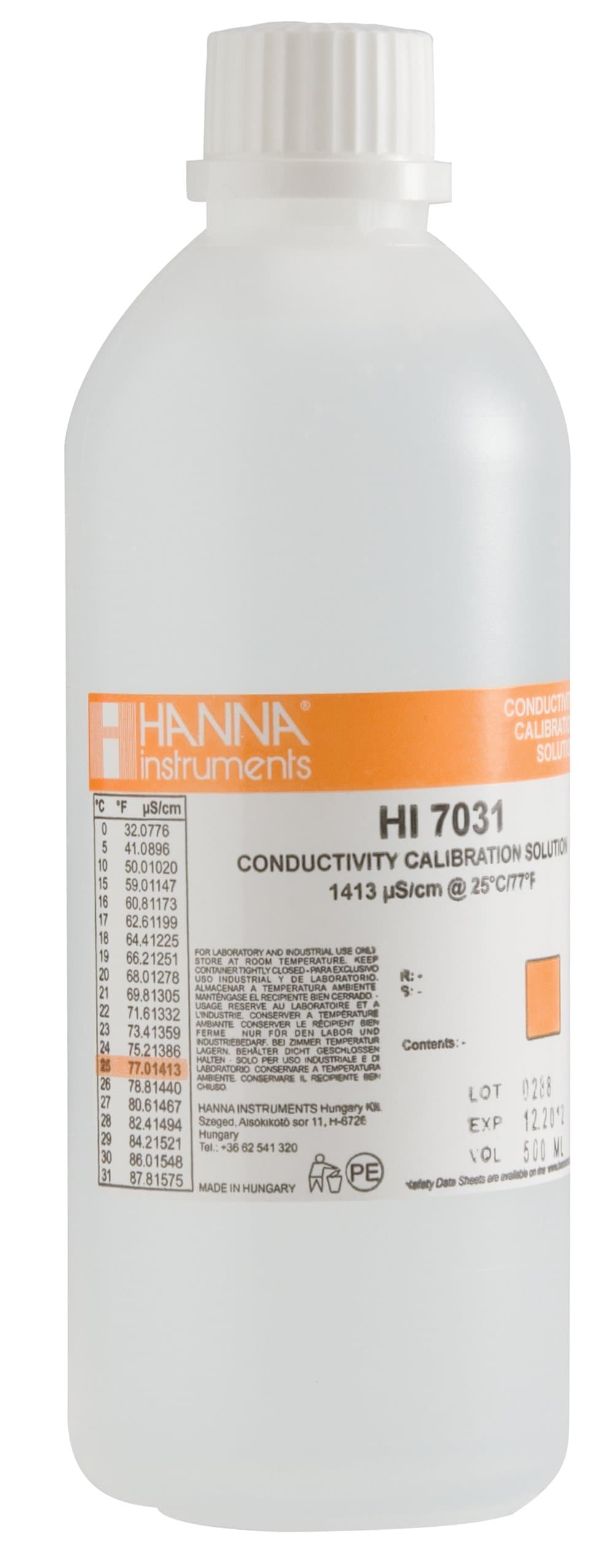 Hanna Instruments HI7031L 1413 µs/cm Conductivity Calibration Solution, 500mL Bottle