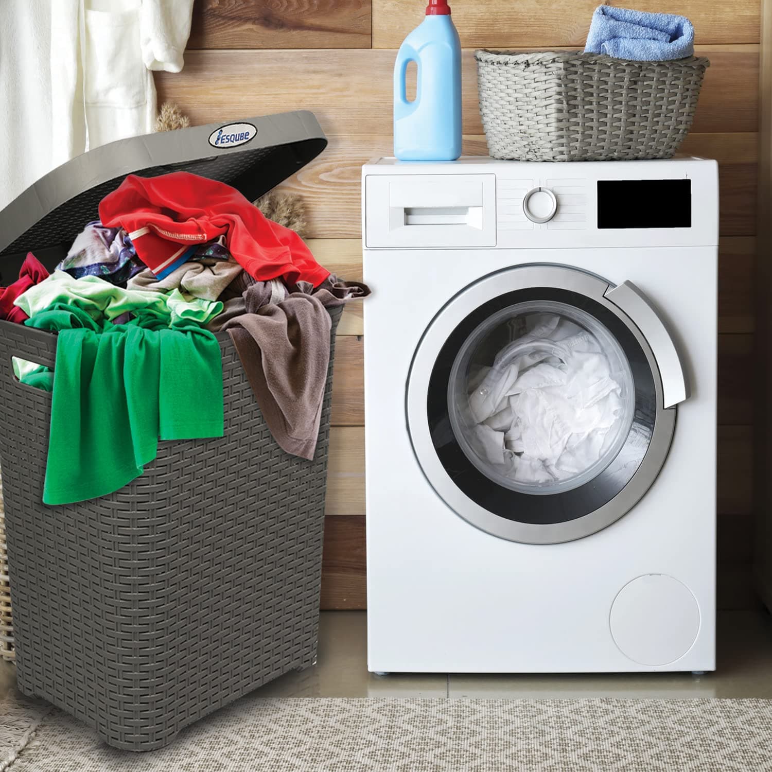 Esqube Laundry Basket with Lid, Grey, 50L Capacity