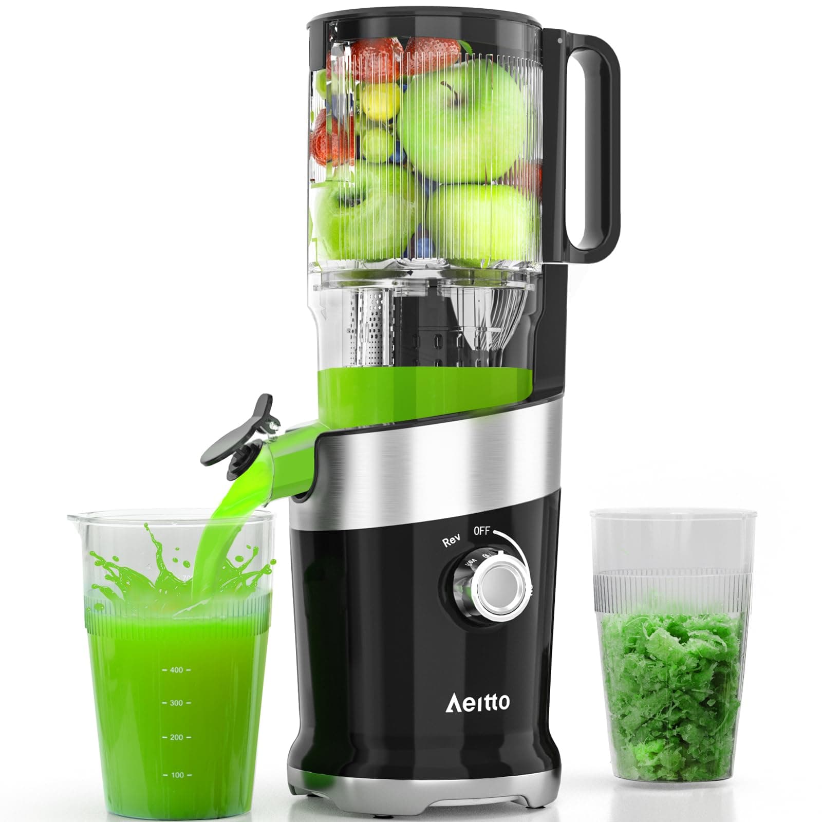 AeittoCold Press Juicer, Juicer Machines with 4.9" Wide Mouth, Masticating Juicer Fits Whole Vegetables and Fruits, Slow Juicer Self Feeding, Easy to Clean, Equipped with Brush, High Juice Yield