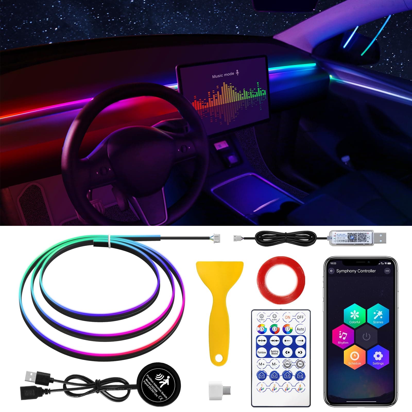 Dreamcolor Acrylic Interior Car LED Strip Light with Motion Sensor Switch, 55.1 inches Neon LED Strip Light, RGB Colors Ambient Lighting Kits