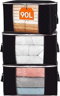 Lifewit Large Capacity Clothes Storage Bag Organizer with Reinforced Handle Thick Fabric for Comforters, Blankets, Bedding, Foldable with Sturdy Zipper, Clear Window, 3 Pack, 90L, Black