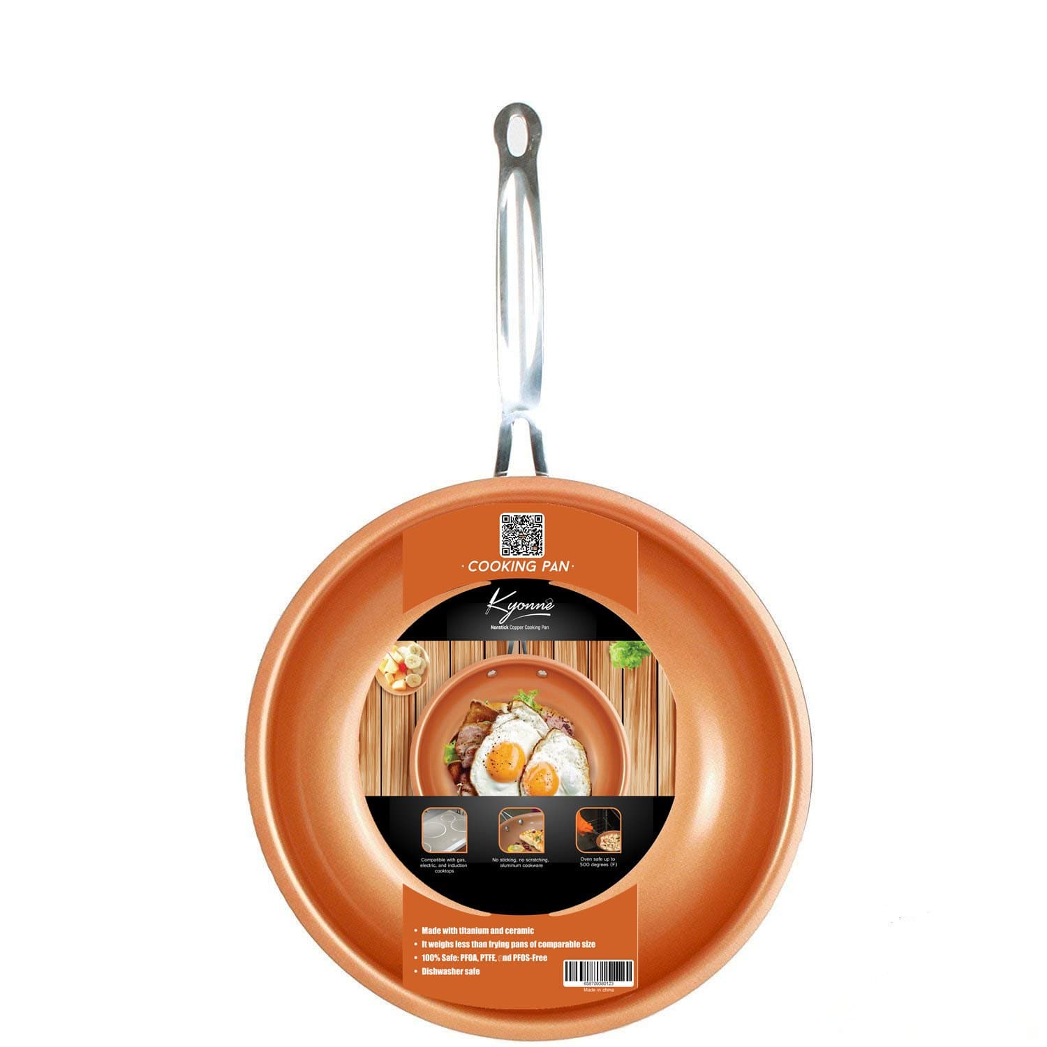 Kyonne Non-Stick Copper Frying Pan with Ceramic Coating, Round Aluminum Saute Pan for Gas, Electric and Induction Cooktops,Oven Safe (24cm)