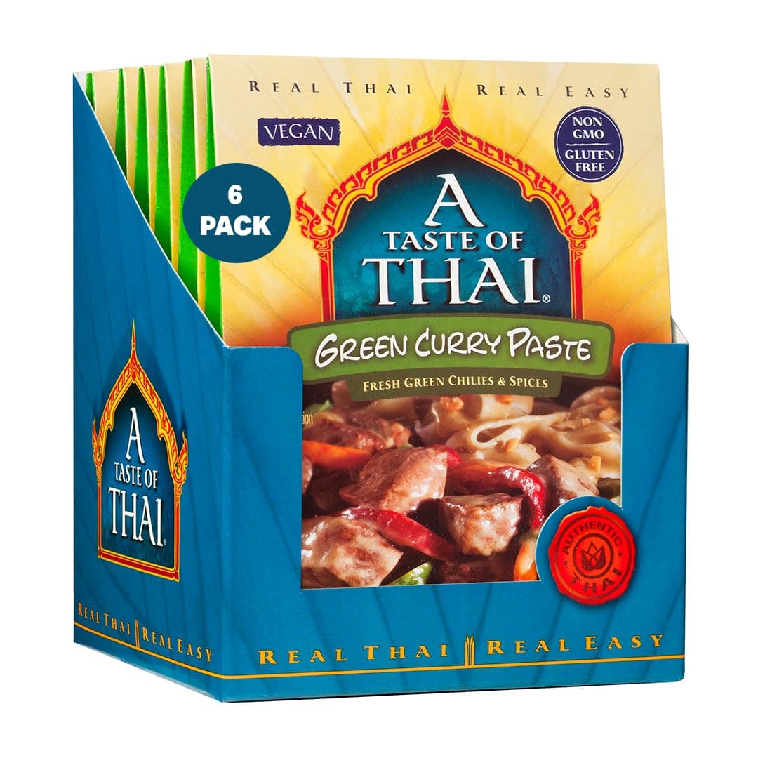 A Taste of Thai Green Curry Paste – Authentic & Natural Ready-to-Use Thai Curry Paste – Vegan, Gluten‑Free & Non‑GMO – Spicy, Fresh Flavor for Curries, Stir‑Fries, Soups & Dips - 1.75 oz (Pack of 6)