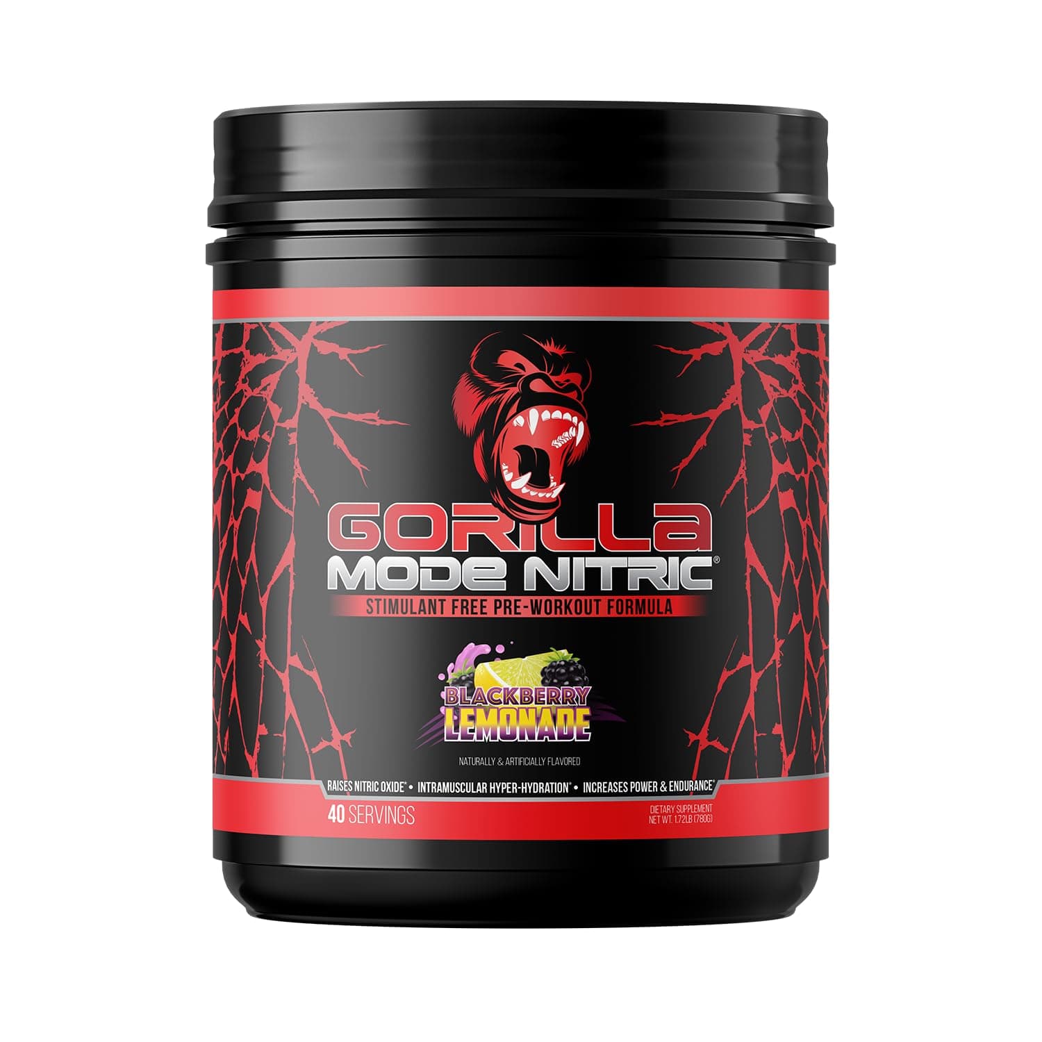 Gorilla Mode Nitric Upgraded Stimulant Free Pre-Workout – Best Tasting & Most Effective Stimulant Free Pre-Workout/Massive Pump · Vasodilation · Power / 780 Grams (BlackBerry Lemonade)