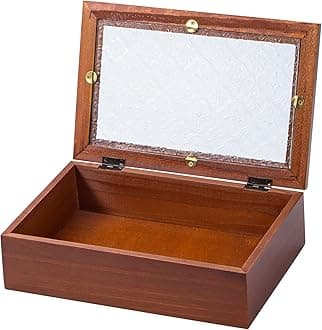 Useekoo Wooden Storage Box Container with Hinged Glass Lid & Front Clasp, 9.2”x4.7”x2.7” Vintage Wood Keepsake Boxes, Rustic Memory Gift Box for Jewelry, Wedding, Peals(Brown)