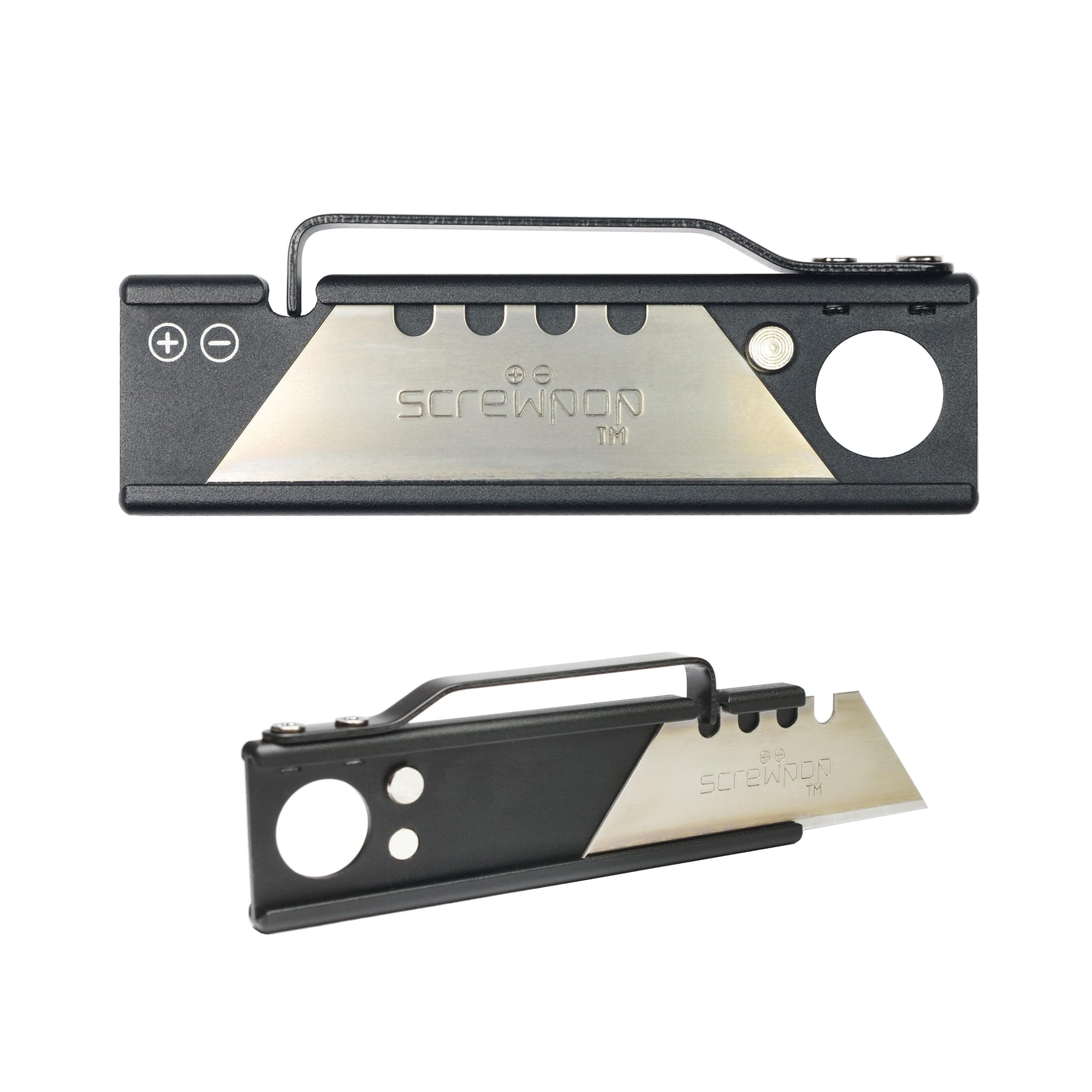 Twin Trak Dual Chamber Utility Knife (Ambidextrous Deployment) Backup Blade Holder for Keychain or Carabiner Type II Hard Anodized Aluminum Body Spring Steel Lever Black