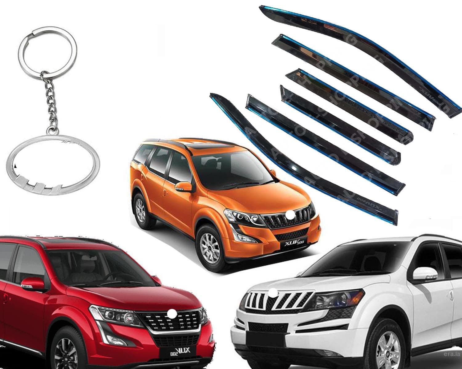 Chromeline Silverline Door Rain Visor Wind Deflector Compatible for Mahindra Xuv 500 Set of 6 Pieces with Logo Key Chain Ring