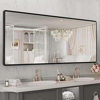 New Upgrade Bathroom Mirror, 72X36 Inch Black Metal Frame Wall Mounted Rounded Rectangle Bathroom Vanity Mirror with Tempered Glass for Washroom Bedroom Living Room
