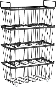 iSPECLE Hanging Stackable Wire Storage Basket - 4 Pack Fruit Baskets with Handles Metal Wire Basket Kitchen Pantry Organizer for Fruit, Vegetables Toiletries, Black